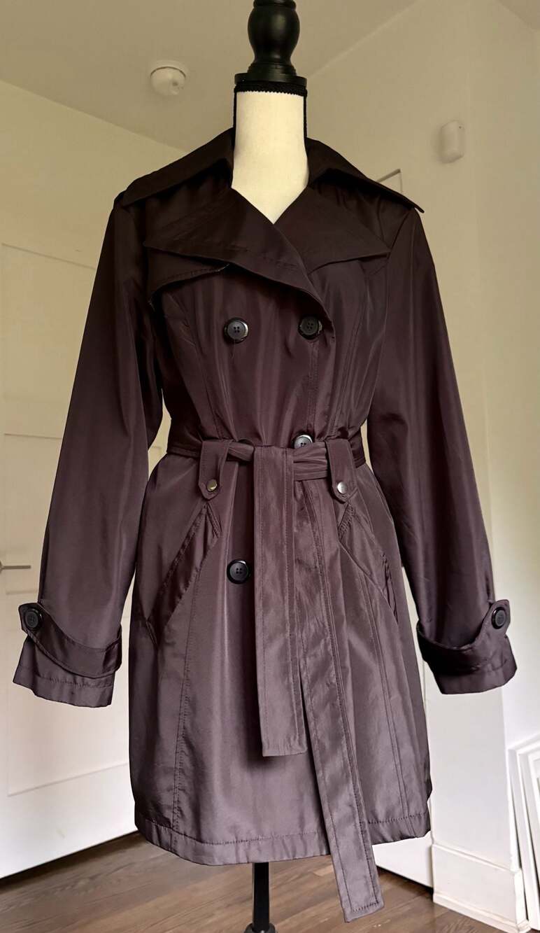Black Double Breasted Trench Coat with Plaid Lining and Belt Ladies Medium